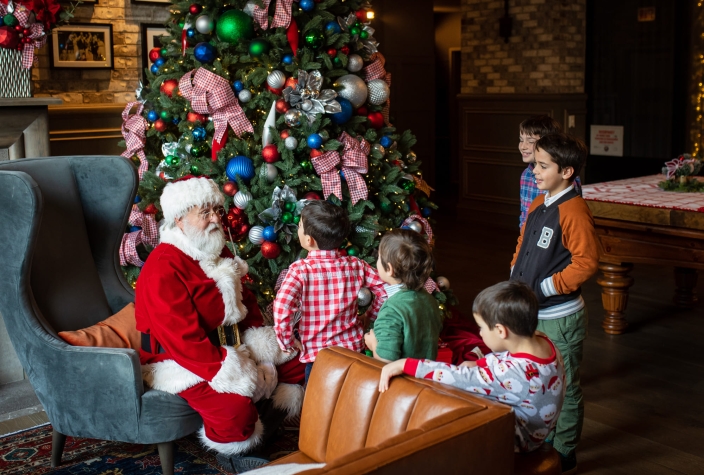children talking with santa claus beside a beautifully decorated christmas tree.