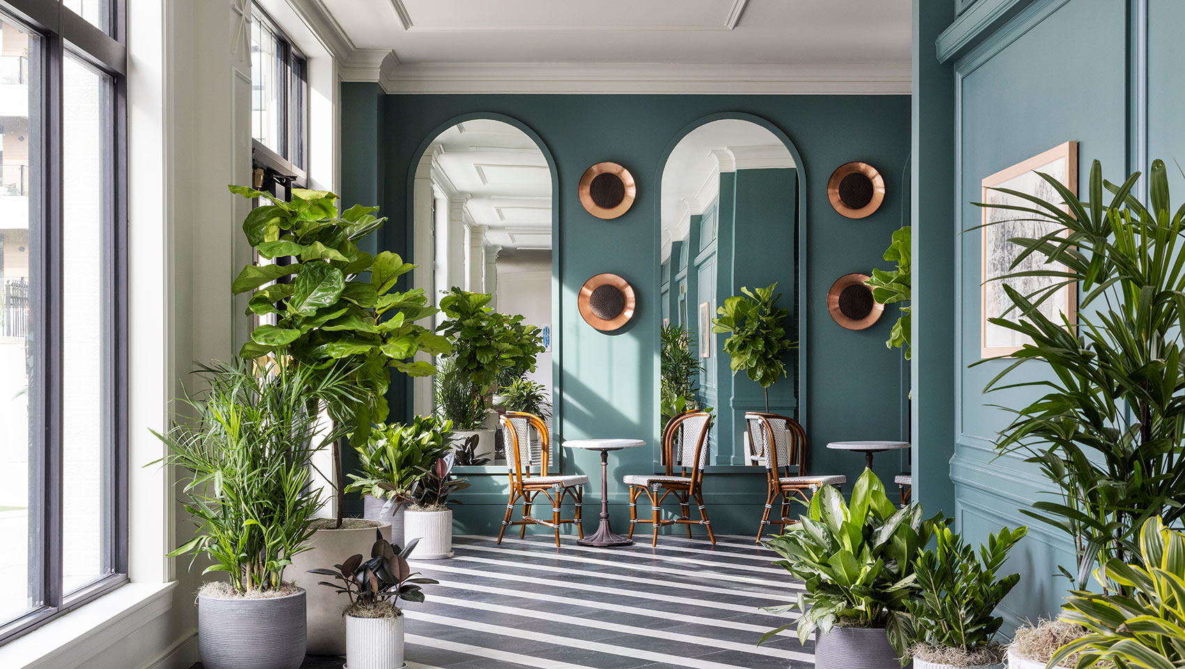 The lobby area of The Cottonwood Hotel filled with tropical plants.