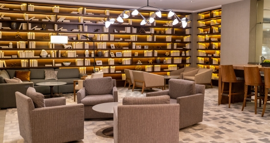 The library area will walls full of books at the Hyatt Regency Cincinnati