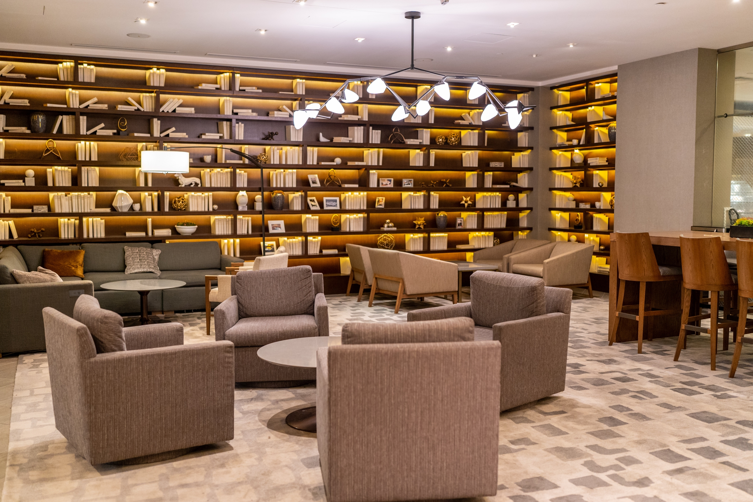 The library area will walls full of books at the Hyatt Regency Cincinnati