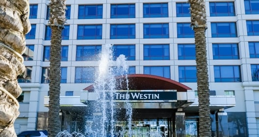 Outside of the Westin hotel with palm trees and a fountain outside