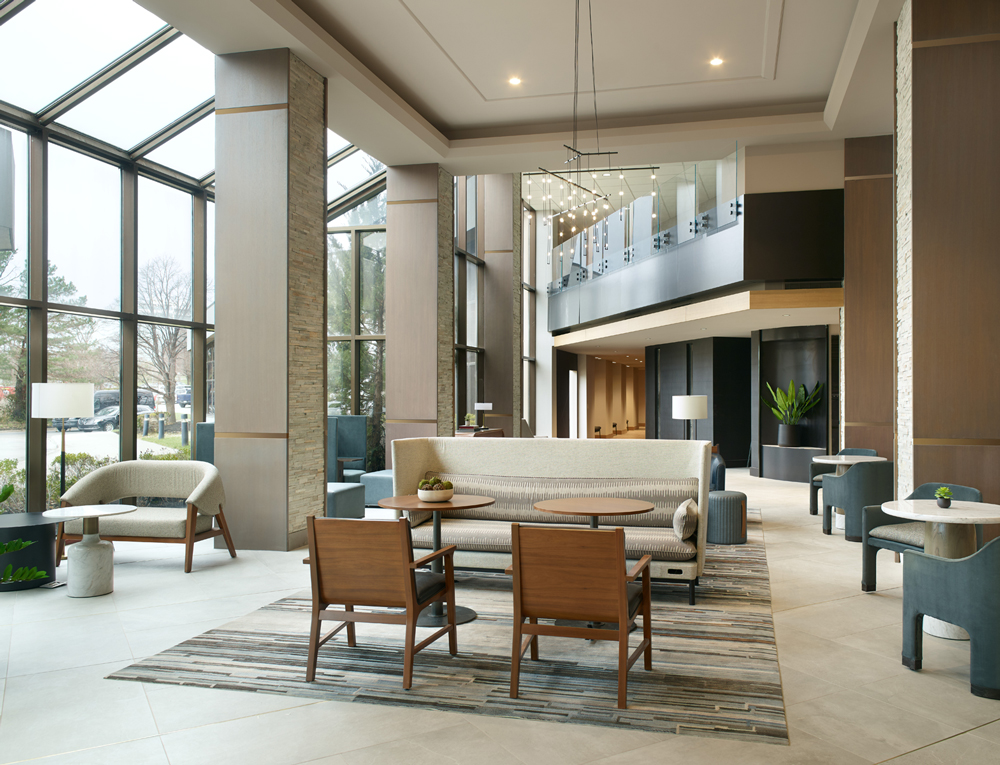 Lobby with seating and large windows