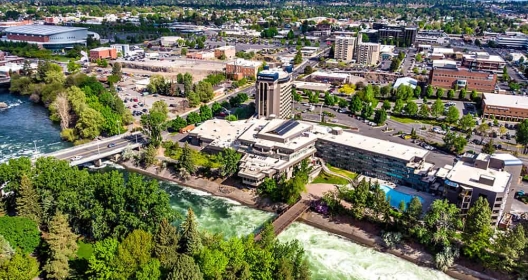 An aerial view of the Davenport Lusso hotel. In the foreground you can see the water