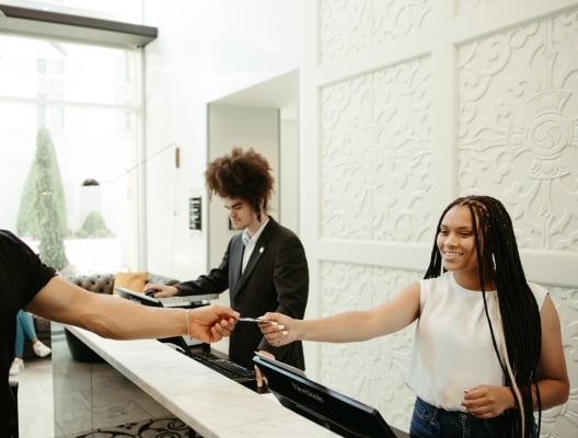 couple checking in to hotel