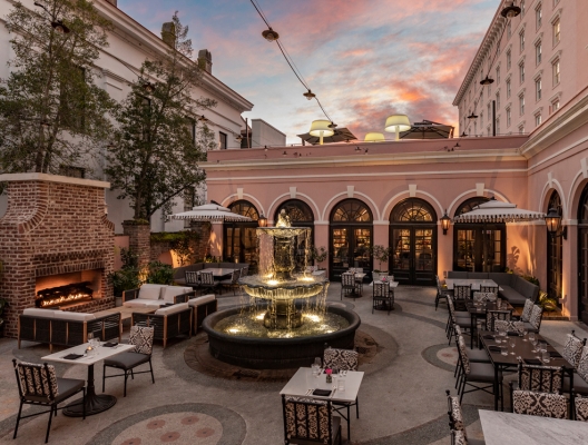 pink hotel courtyard