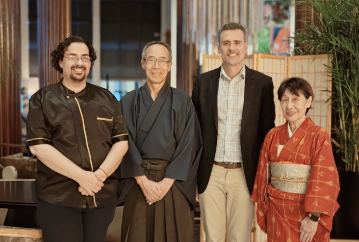 Japanese Tea Master Akihiki Kaji and his wife in traditional clothing for a Japanese tea ceremony activation at Nobu Hotel
